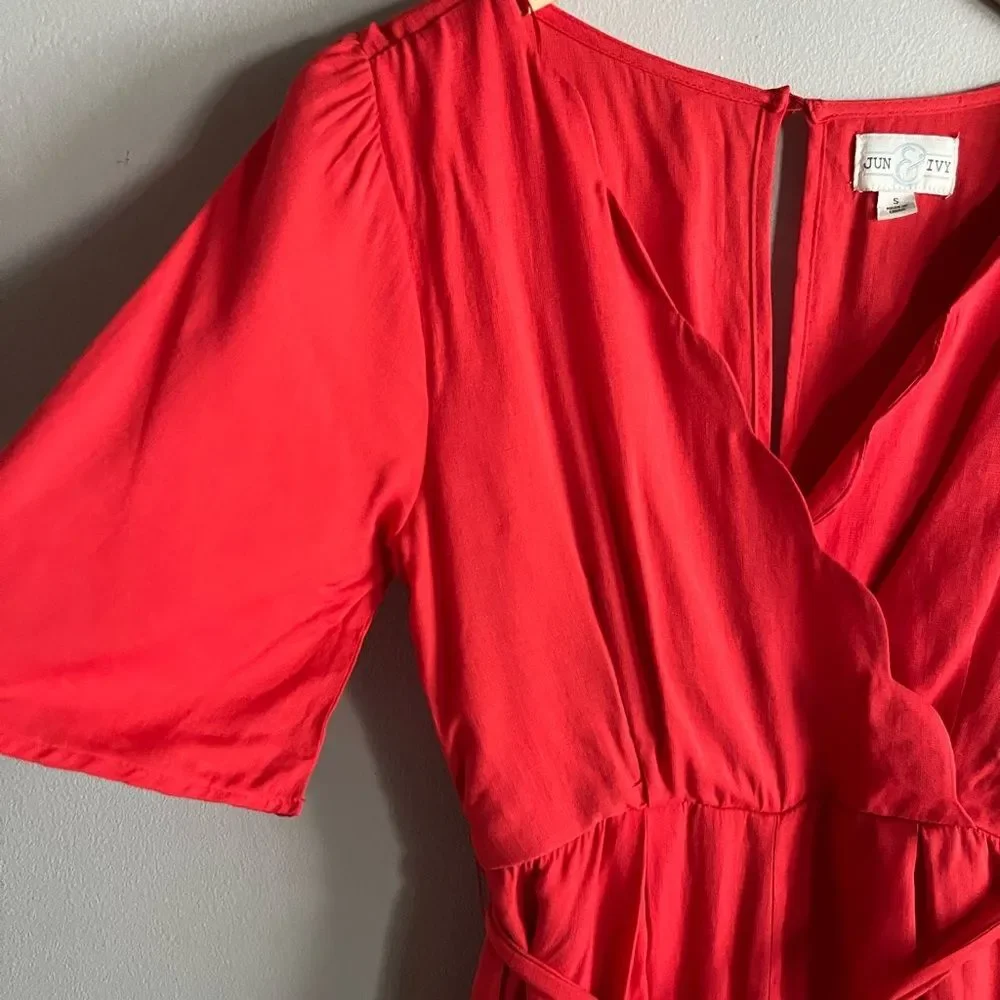 Jun & Ivy Red Scalloped Wrap Front Romper Belted Preppy Boutique